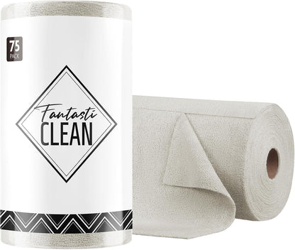Fantasticlean Microfiber Cleaning Cloth Roll -75 Pack, Tear Away Microfiber Towels, 12" x 12", Reusable, Washable, Scratch Free, Ultra Absorbent Dishcloth for Home Supplies, Car, Pet (Cool Grey)