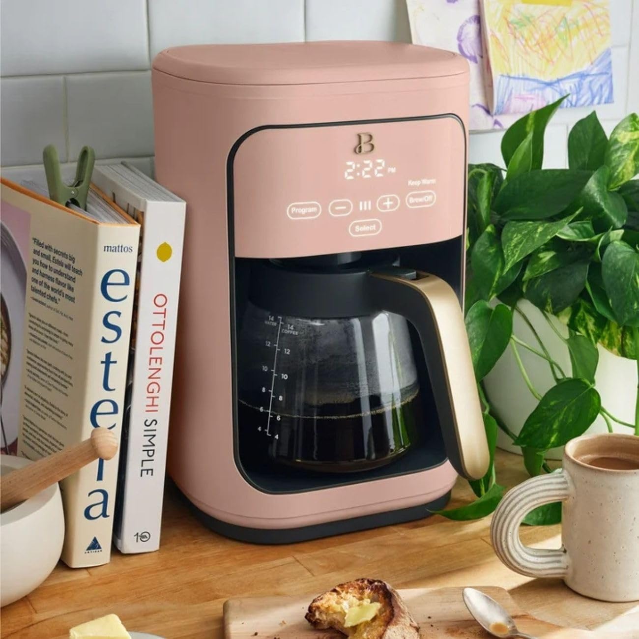 Beautiful Coffee Maker, 14-Cup, Touch-Activated Display, Programmable, Automatic Shut-Off, 1200W, Keep Warm, 24h Timer (Rose)