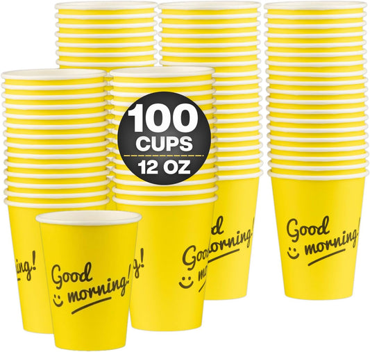Smygoods Disposable Coffee Cups, To Go Paper Hot Cups, Good Morning Design (12 OZ, 100 Count) For Hot Beverages, Coffee, Tea, Espresso, Cocoa - Vasos Para Cafe
