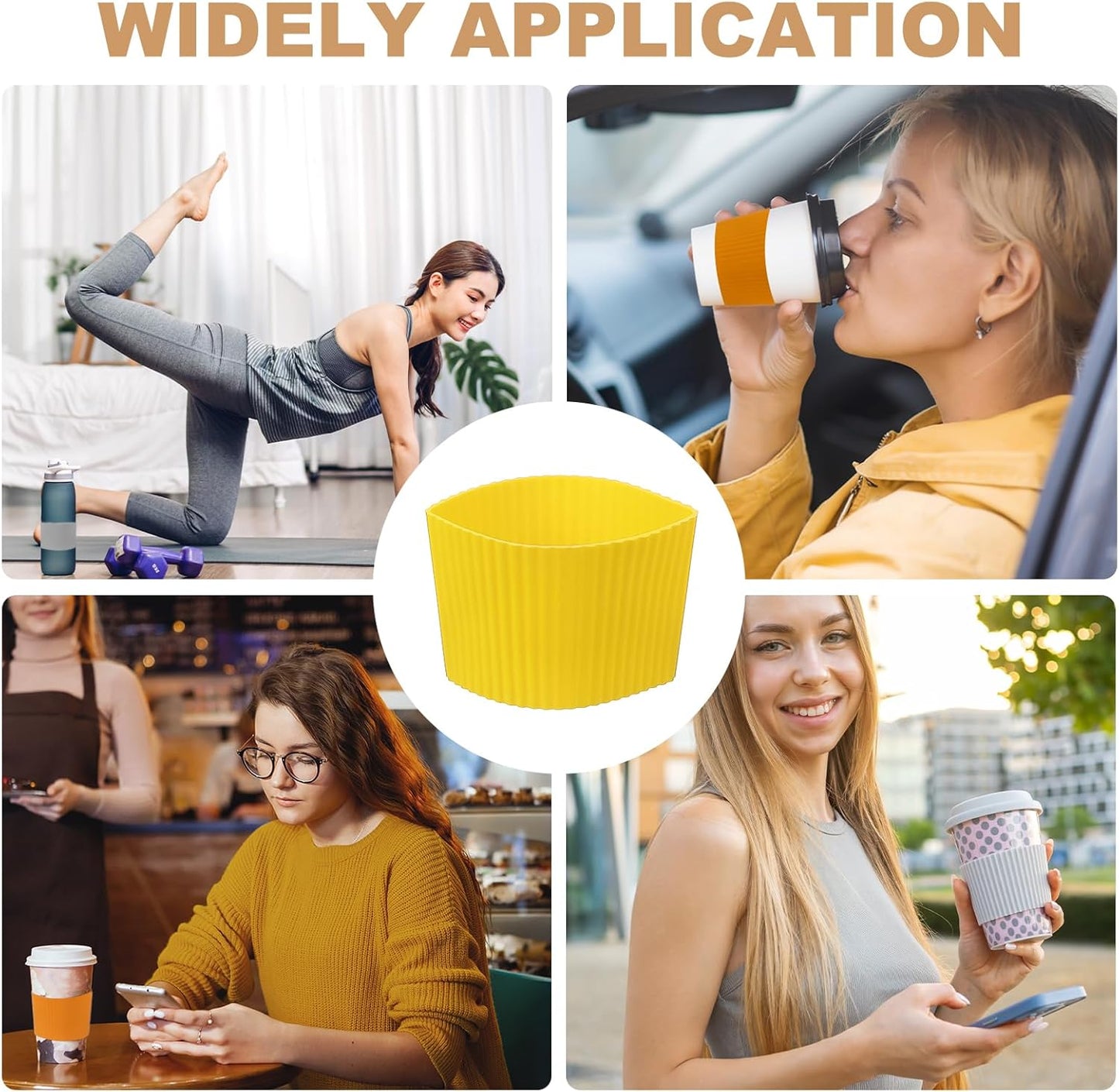 uxcell 6Pack Coffee Cup Sleeves, Reusable Silicone Heat Resistant Cup Protective Sleeve Nonslip Mug Protector Cover for Home Travel Coffee Mug Glasses Water Bottle Boots, Yellow