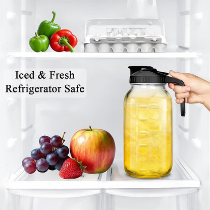 64oz Glass Pitcher Carafes With Handle and Lid, 2 Quart Mason Jar, Large Water Jug, Glass Containers for Fridge, Water Pitcher for Juice, Iced & Sun Tea, Cold Brew Coffee, Homemade Beverage
