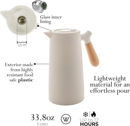 WOLFF - White Thermal Coffee Carafe – 34oz / 1L Insulated Carafe - Food-Safe Plastic Exterior and Glass Liner, Wood-Style Handle – Keeps Drinks Hot or Cold, Leakproof Coffee and Tea Dispenser