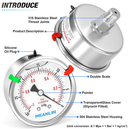 MEANLIN MEASURE -30inHG~0Psi Vacuum Pressure Gauge 316 Stainless Steel Joint 1/4" NPT 2.5" FACE DIAL, Liquid Filled Pressure Gauge WOG Water Oil Air Back Mount with Stainless Steel Hex Bushing, Snaps