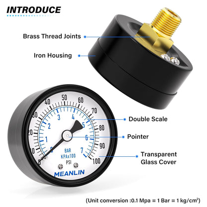 MEANLIN MEASURE 0-100Psi 2" DIAL FACE 1/4" NPT Well Pump Pressure Gauge, with 1/2" NPT and 3/8" NPT Hex Bushing, 3-2-3% Accuracy, Center Back Mount
