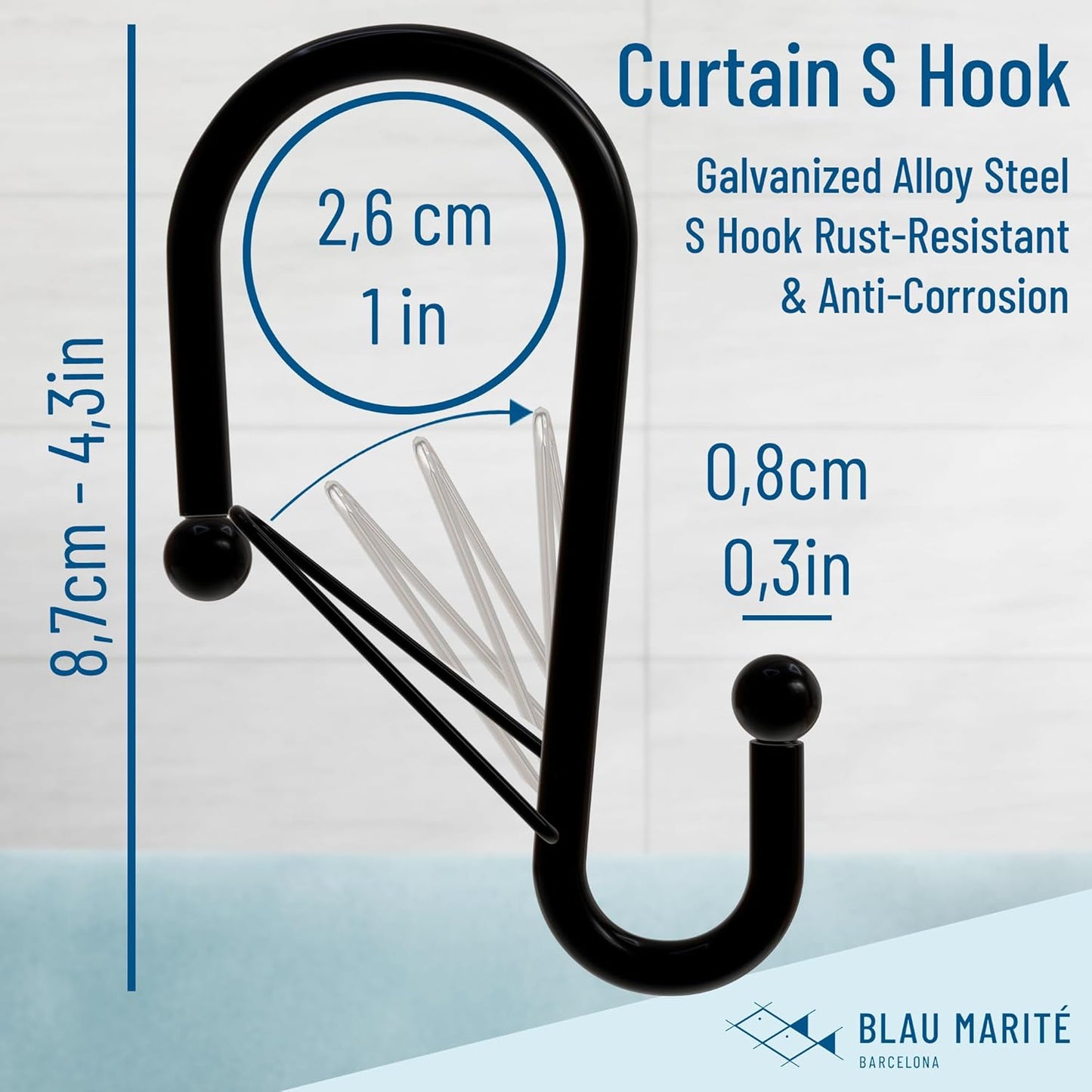 Set of 12 Black Metal S Hook Shower Hooks 1” – Closed, Heavy Duty, Long Decorative Shower Curtain Hooks, Easy Glide, Buckle, Large Rust Resistant Rings for Bathroom Rods (Black, S)