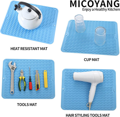 Silicone Dish Drying Mat for Multiple Usage,Easy clean,Eco-friendly,Heat-resistant Silicone Mat for Kitchen Counter or Sink,Refrigerator or drawer liner Light Blue L 16 inches x 12 inches