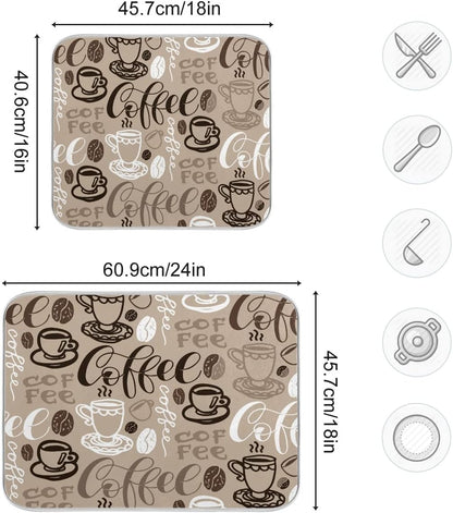Brown Coffee Dish Drying Mat - 16 x 18 Inch Reversible Microfiber Kitchen Mat with High Absorbency