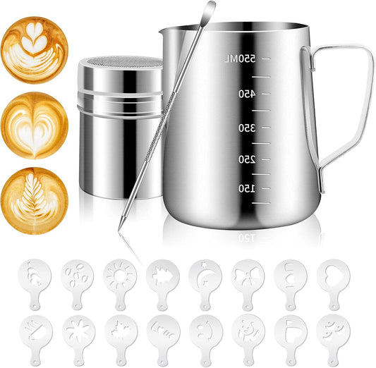 Stainless Steel Milk Frothing Pitcher 20oz/600ml for Milk Cappuccino Coffee Stencils Latte Art, Milk Jug Cup with Decorating Art Pen, Powder Shaker, 16 Pieces Coffee Decorating Stencils