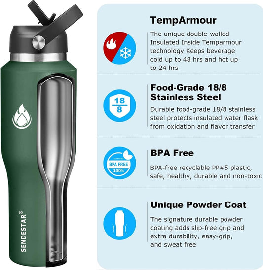 SENDESTAR 40oz Water Bottle Wide Mouth Stainless Steel Vacuum Insulated Double Wall with 2 Straw Lids Fit in Any Car Cup Holder TXIN-40-Dark Green