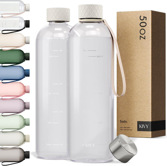 KIVY Large Water Bottle 50oz [Lightweight & Shatterproof] - Fits Backpack & Cupholder for Travel, Sports, School - Clear, No Straw, 1.5 Liter