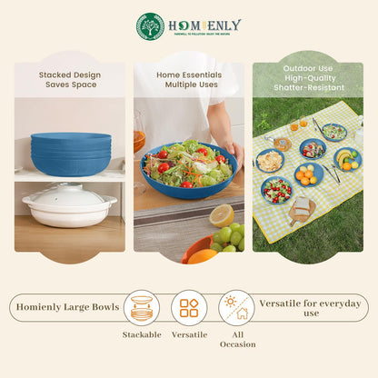 Homienly Large Wheat Straw Salad Bowls - Set of 6, 65 OZ, 10 Inch, Microwave & Dishwasher Safe - Navy Blue