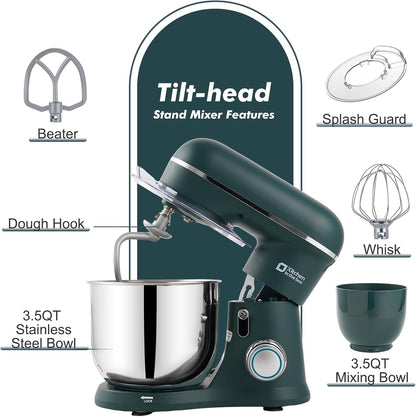 Kitchen in the Box Stand Mixer, 3.5QT Two Bowls Small Kitchen Electric Mixer, 10-Speed Portable Lightweight with Matte Finish, Egg Whisk, Dough Hook, Beater (Turquoise Green, 3.5QT)