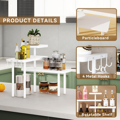 IBUYKE Countertop Organizer,3-Tier Spice Racks,Kitchen Counter Corner Shelf,4 Side Hooks,Adjustable Countertop Shelf for Kitchen, Bathroom, Coffee Bar, Cabinet, Desk,White,TLJ023W