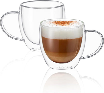 CNGLASS Double Wall Glass Coffee Mugs with Handle,8.5oz Clear Insulated Glass Espresso Cups for Hot and Cold Beverages,Latte,Cappuccino,Set of 2