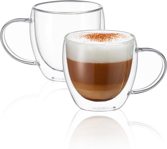 CNGLASS Double Wall Glass Coffee Mugs with Handle,8.5oz Clear Insulated Glass Espresso Cups for Hot and Cold Beverages,Latte,Cappuccino,Set of 2