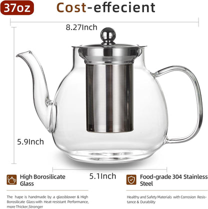 1100ml Glass Teapot with Removable Infuser,37oz Borosilicate Clear Tea Kettle,Stovetop Microwave Safe,Blooming and Loose Leaf Tea Maker Gift