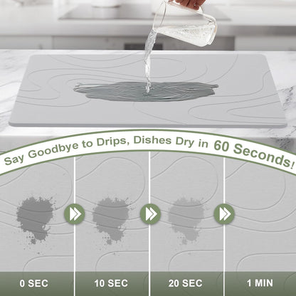 Large Stone Drying Mat for Kitchen Counter, 24" × 16" Diatomite Dish Drying Mat, Quick Dry Stone Mats, Ultra Absorbent Natural Diatomaceous Earth Mats for Dished, Bottles, Light Grey
