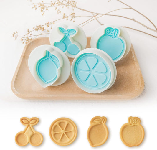 Cookie Stamps Set of 4, Cookie Press Mold, Decorating Supplies for DIY Baking, Cake, Pastry, Easy to Use- Fruit Series