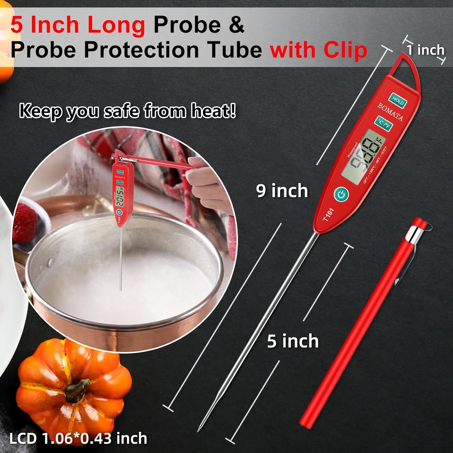 BOMATA Waterproof IPX7 Thermometer for Water, Liquid, Candle and Cooking. Instant Read Food Thermometer with Long Probe for Cooking, Meat, BBQ! T101 (Red Color)………