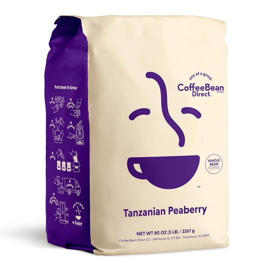 Coffee Bean Direct Tanzanian Peaberry, Whole Bean Coffee, Light Roast, 5 Pound Bag (Pack of 1)