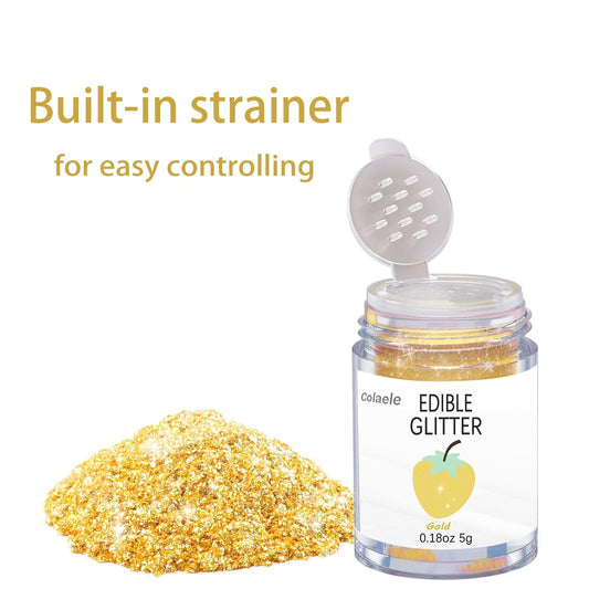 Gold Edible Glitter Glimmer Powder for Cakes Drinks - Colaele 5 grams Food Grade Luster Dust Metallic Food Decorating Sprinkle Disco Brew Dust for Cake Decorations Wine Beverage Candy Dessert, Vegan