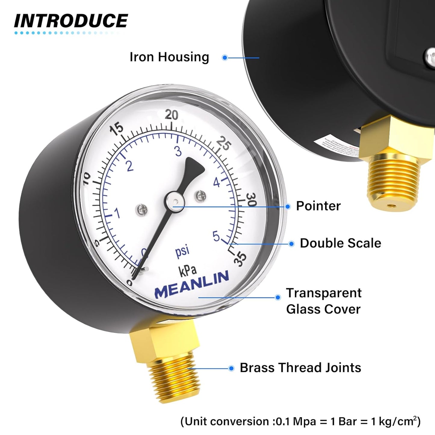 MEANLIN MEASURE 0-5Psi Diaphragm Type Capsule Low-Pressure Gauge, Water Column Gauge, 2.6" Dial, 1/4" NPT, Rear Adjustable Knob, with 1/2" NPT and 3/8" NPT Hex Bushing, Lower Mount