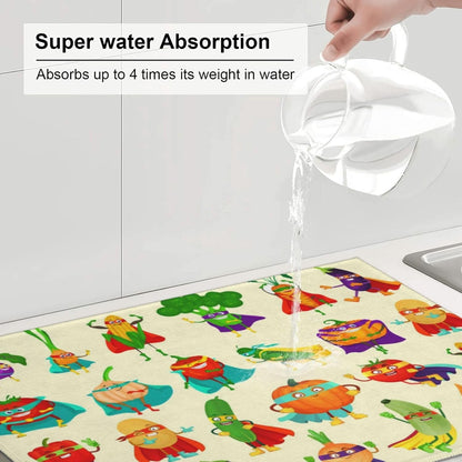 Colorful Cartoon Vegetable Dish Drying Mats, 18 x 24 inch Absorbent Microfiber Decorative Kitchen Counter Mats, Polyester, Washable, Absorption, Foldable, for Sink, Dishes Utensils, Small Appliances
