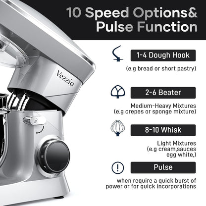 9.5 Qt Stand Mixer, 10-Speed Tilt-Head Food Mixer, Vezzio 660W Kitchen Electric Mixer with Stainless Steel Bowl, Dishwasher-Safe Attachments for Most Home Cooks(Silver)