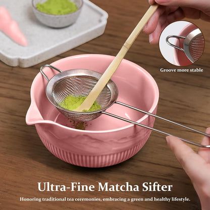 7PCs Matcha Whisk Set Traditional Japanese Matcha Kit with Ceramic Bowl Bamboo Chasen Tea Spoon Holder Sifter Tea Towel Ceremony Matcha Tea Making Tools Green Tea Set for Beginners