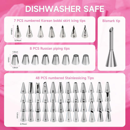 Cake Decorating Kit,137pcs Cake Decorating Supplies with Cake Turntable for Decorating,Pastry Piping Bag,Russian Piping Tips Baking Tools, Cake Baking Supplies for Beginners(Pink)