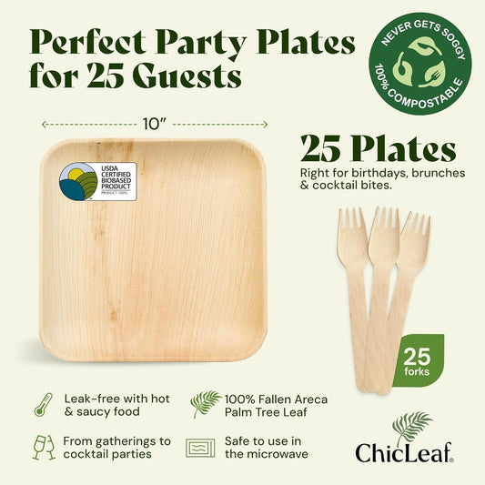 Chic Leaf Palm Leaf Plates Disposable Inch Square Pack Compostable Biodegradable & Eco Friendly Plates - Microwave Safe Disposable (10'' - 25 Pack)