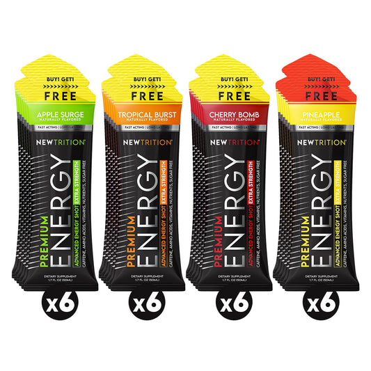 NewTrition® Extra Strength Energy Shots, 250mg Caffeine Energy Shots with Vitamin B & Amino Acids, Sugar-Free Vitamin Energy Shot, 1.7 fl oz (Pack of 24, 4 Flavors-Mixed-2)