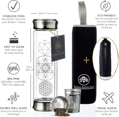 Sacred Lotus Love Double-Walled Glass Tea Infuser Bottle - Portable Travel Mug with Strainer and Sleeve for Loose Leaf Tea, Coffee, Smoothies - Insulated Tumbler with Lid for Hot and Iced Beverages