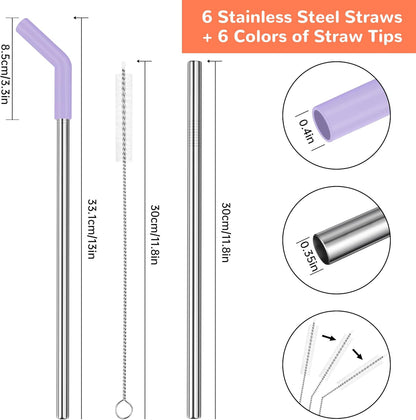 Tomorotec 40oz Straws, 13 Inch Stainless Steel Straw with Silicone Extender Tip for Stanley Adventure Quencher Tumbler 6-Pack with 2 Brushes, 0.35" Diameter Straws Food Grade BPA-Free Colorful Set