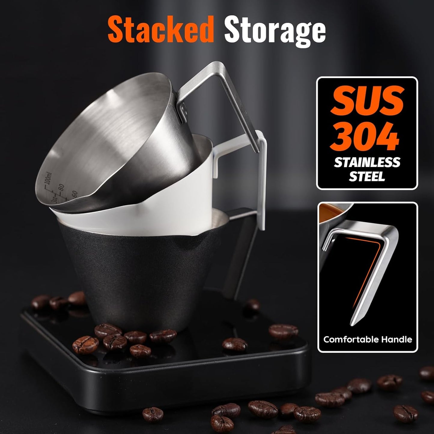 YARRAMATE 2 Pcs Espresso Cups with Handle, Stainless Steel Espresso Accessories, Double Spout Metal Measuring Cup with Dual Scale, Espresso Shot cup with V-Shaped Mouth, 3.4OZ/100ML(Silver)