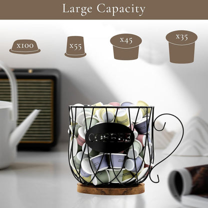 Rustic Metal K-Cup Coffee Pod Holder Mug - Large Wire Basket with Wooden Base for Countertop Coffee Storage - Farmhouse Decor for Home & Office (Rustic Brown-Round)