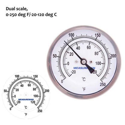 MEASUREMAN Fully Stainless Steel Pot, Kettle, Brewing Bimetal Thermometer, 3" Dial, 2-1/2" Stem, 0-250 deg F/-20-120 deg C, -1% Accuracy, Adjustable, 1/2" NPT Back Mount （2 Pack）