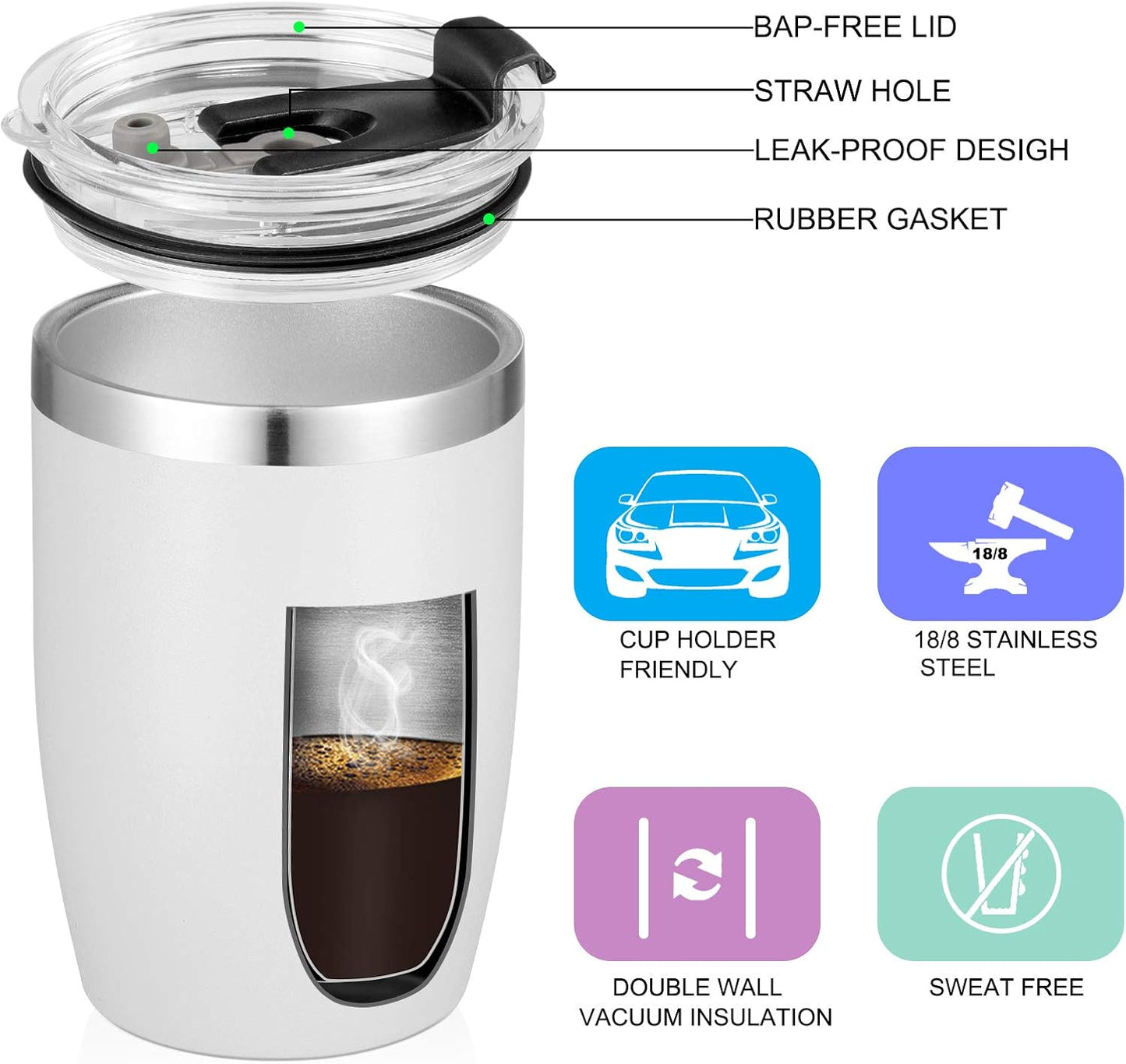 VEGOND Stainless Steel 12 oz Tumblers bulk Vacuum Insulated Double Wall Travel Tumbler with Lid and Straw Reusable Tumbler, White 1 Pack
