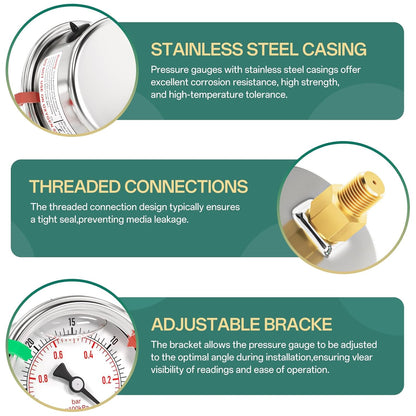 -30inHG-0PSI Stainless Steel Liquid Filled Pressure Gauge, 2.5" Dial Size, 1/8" NPT Back Mount, for Tube, Water Pump, Gas, Liquid, Pressure Test (with Range Mark Pointer)