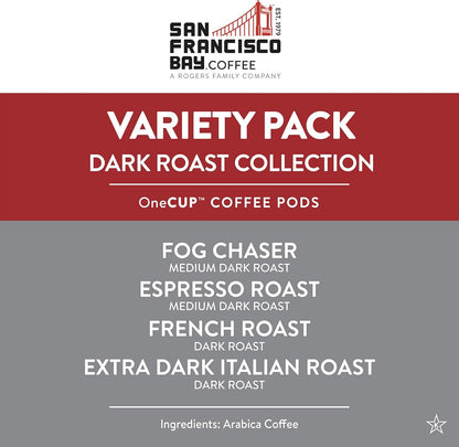 San Francisco Bay Coffee - Dark Roast Variety Pack (40 ct) - Fog Chaser, Espresso Roast, French Roast, & Extra Dark Italian - Single Serve Coffee Pods, Commercially Compostable, K Cup Compatible