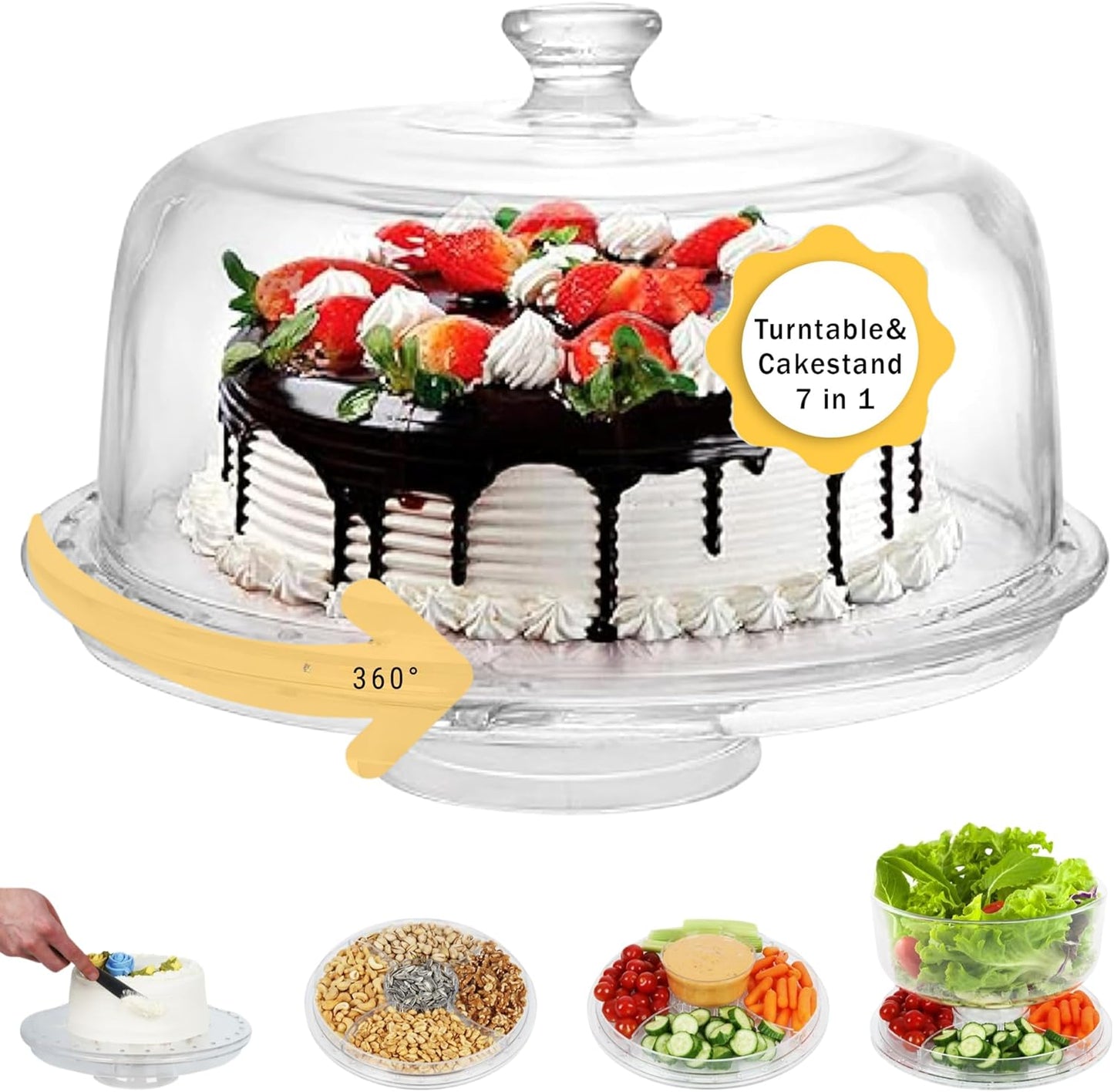 7 in 1 Multifunctional Acrylic Cake Stand with Lid & Cake Turntable for Decorating (12") - Turntable Decorating Kit Serving Salad Bowl/Veggie Platter/Punch Bowl/Desert Platter/Chips & Dip - BPA Free
