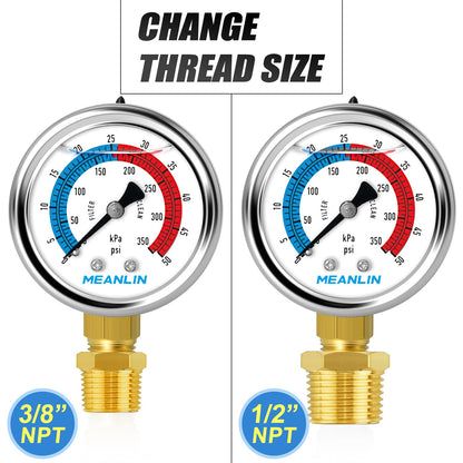 MEANLIN MEASURE 1/4" NPT 0-50psi Pressure Gauge, 2" Dial Glycerine Filled Pool Filter, 304 Stainless Steel Housing, Lower Mount, with 1/2" NPT and 3/8" NPT Hex Bushing