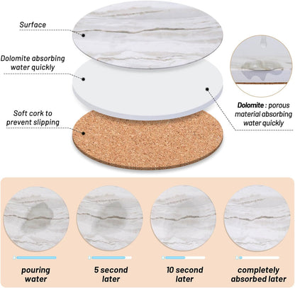 Caffox Coasters Set of 10, Absorbent Drink Coasters with Holder, Marble Style Ceramic Coaster for Wooden Table, Home Decor, 4 Inches(Griege)