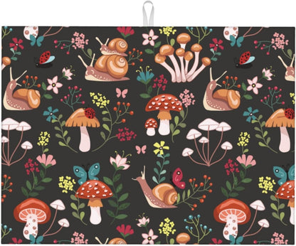 Mushroom Snails Dish Drying Mat for Kitchen Counter 18x24 Inch, Spring Floral Kitchen Drying Mat,Cute Mushrooms Decor Dishes Pad Dish Drainer Rack Mats Absorbent Fast Dry Kitchen Accessories