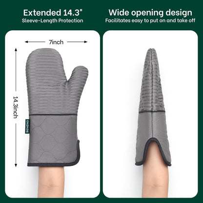 Beneno Kitchen Oven Mitts 2-Pack Heat Resistant to 500°F with Non-Slip Silicone Grip, Extra Long 14.3" Forearm Protection, Soft Quilted Cotton Terry Lining, Ideal for Cooking, Baking, Grilling, Gray