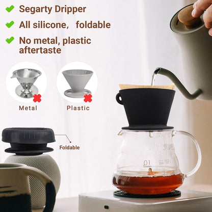 Segarty Silicone Pour Over Coffee Dripper, Black Collapsible Coffee Maker Single Cup with Storage Pouch, Camping Pourover Coffee Slow Brewer for Travel, Backpacking