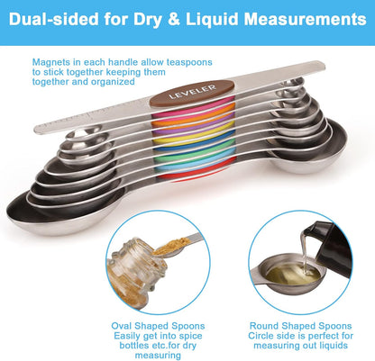 Aovchei 9 PCS Magnetic Measuring Spoons Set, Dual Sided, Stainless Steel Small Tablespoon, Teaspoons, Fits in Spice Jars, for Dry and Liquid, MultiColor