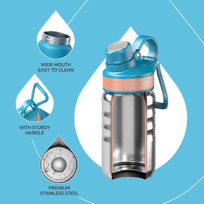 IDEUS Insulated Water Bottle 12oz, Stainless Steel Insulated Water Bottle For School, Insulated Bottles With Straws Leakproof, Vacuum Double Wall Water Bottles For Boys And Girls With 2 Lids, BPA Free