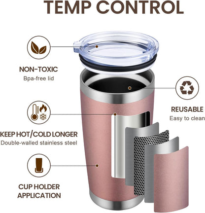 MEWAY 20oz Tumbler 8 Pack Double Wall Vacuum Insulated Travel Mug Bulk, Stainless Steel Tumblers with Lid and Straw, Durable Powder Coated Coffee Cups for Cold & Hot Drinks (Rose Gold, 8)
