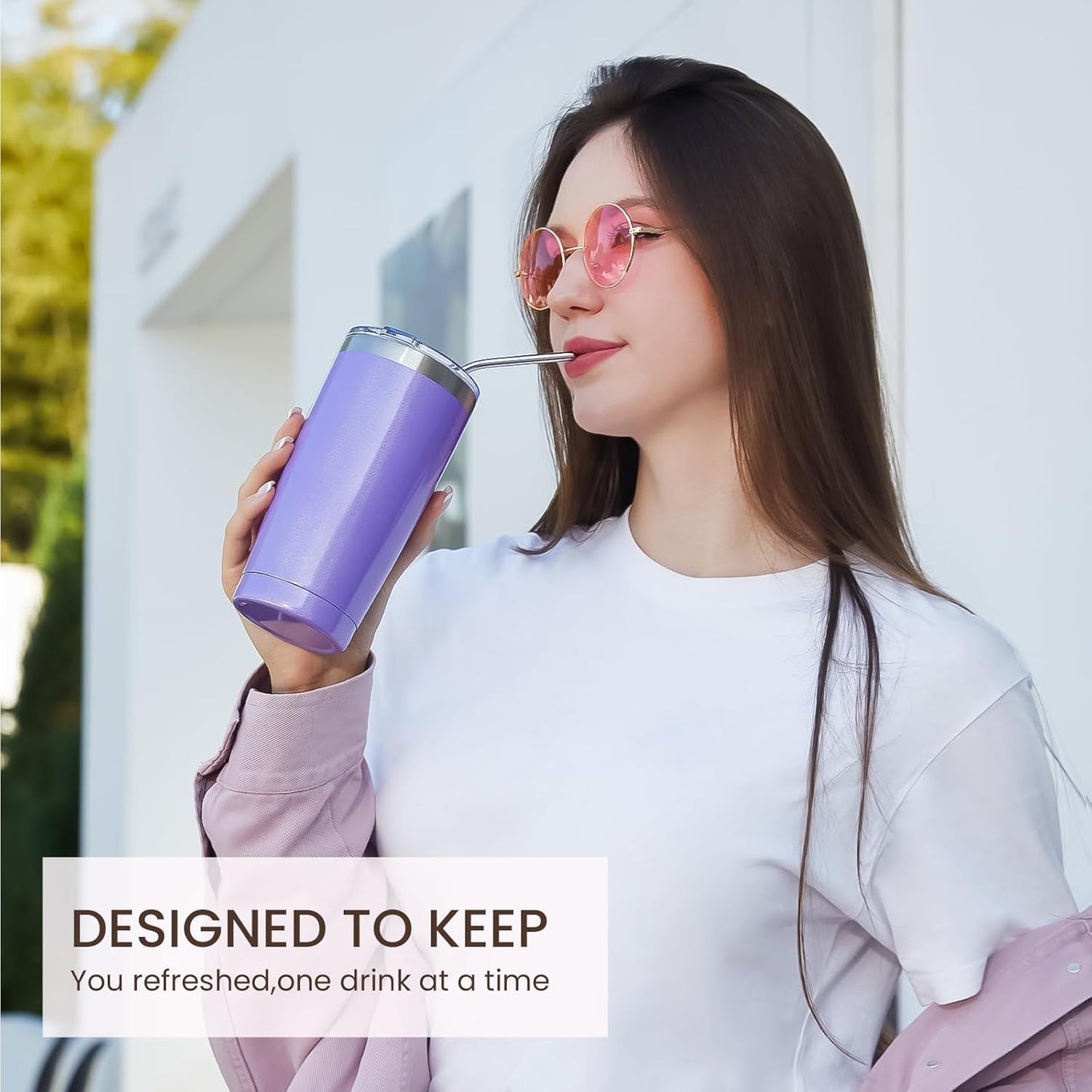 MEWAY 20oz Tumbler 4 Pack Double Wall Vacuum Insulated Travel Glitter Mug Bulk, Stainless Steel Tumblers with Lid and Straw, Powder Coated Coffee Cups for Woman(Rainbow Purple,Set of 4)